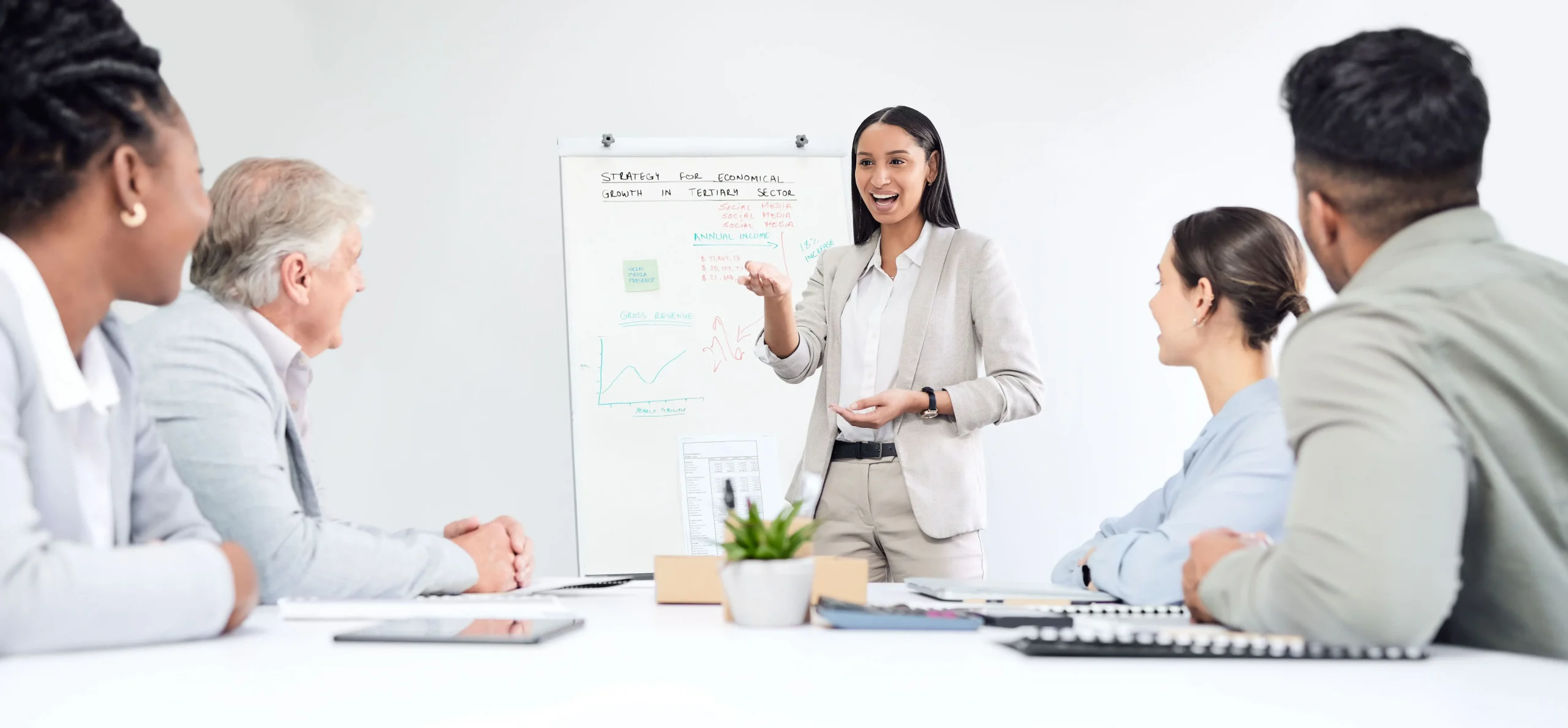 Réunion d'équipe avec une femme qui préside pour gérer l’ensemble des processus de ses collaborateurs.